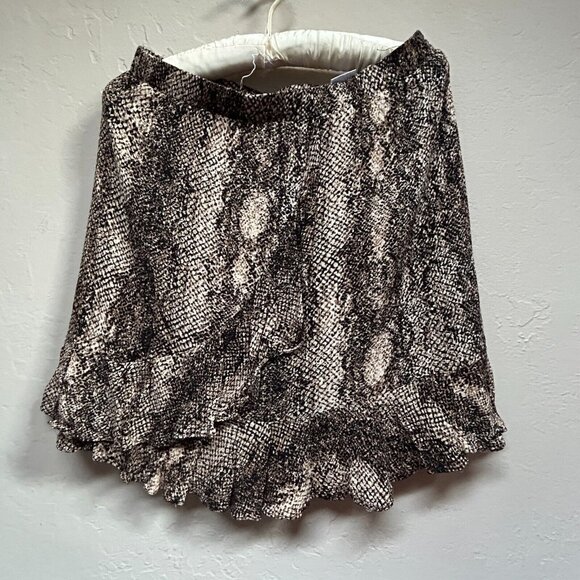 Scully Snakeskin Print Ruffle Hem Mini Skirt Medium Black Brown Elastic Waist